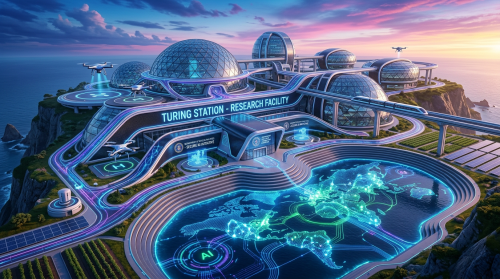 Futuristic research facility named Turing Station with domed buildings, drones, and glowing holographic world map
